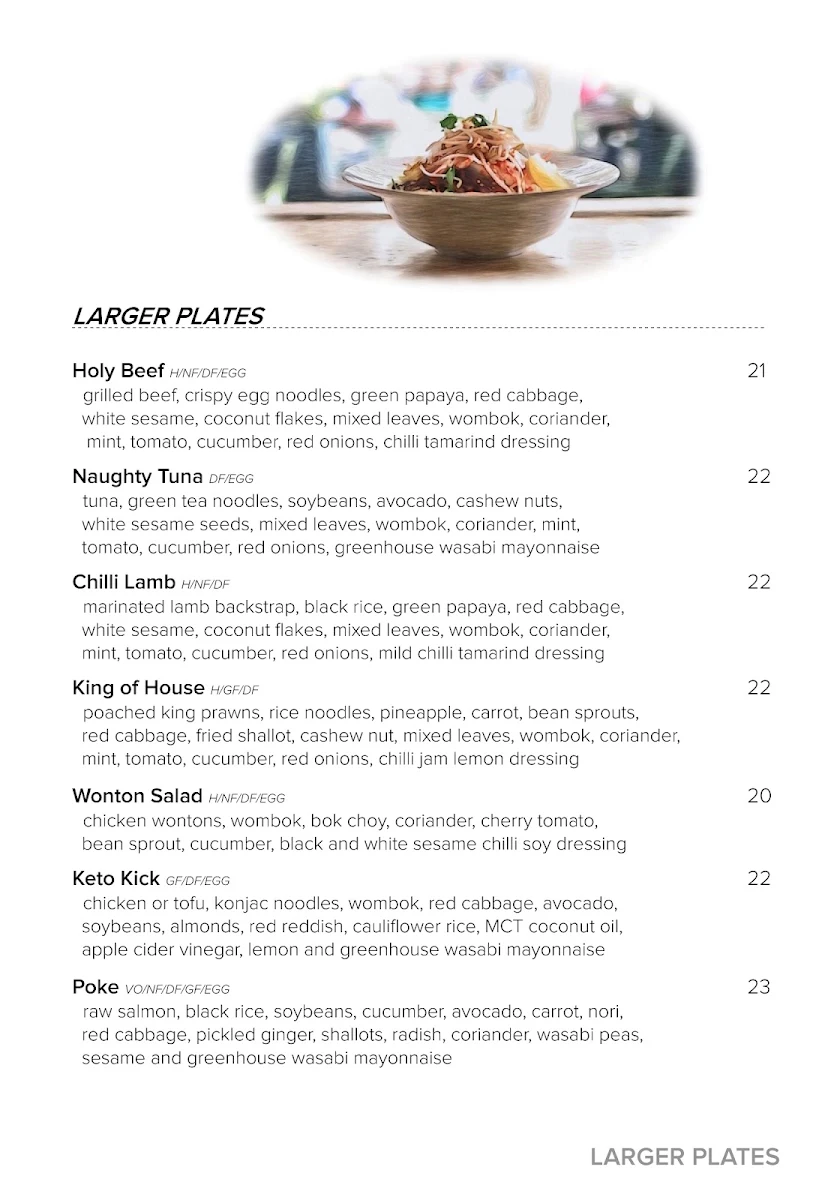 Menu, Greenhouse Kirribilli - Asian Salads & Tapas