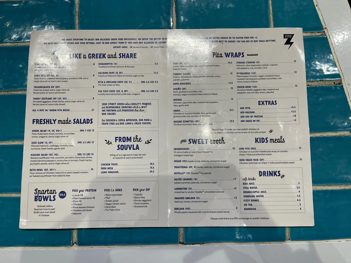 Menu, Zeus Street Greek Westfield Sydney