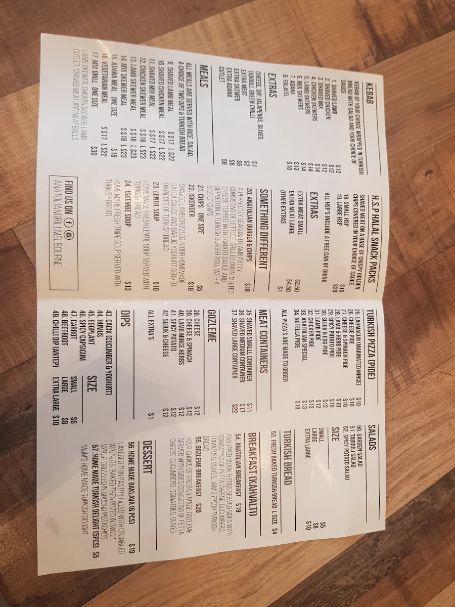 Menu, Anatolian Grill