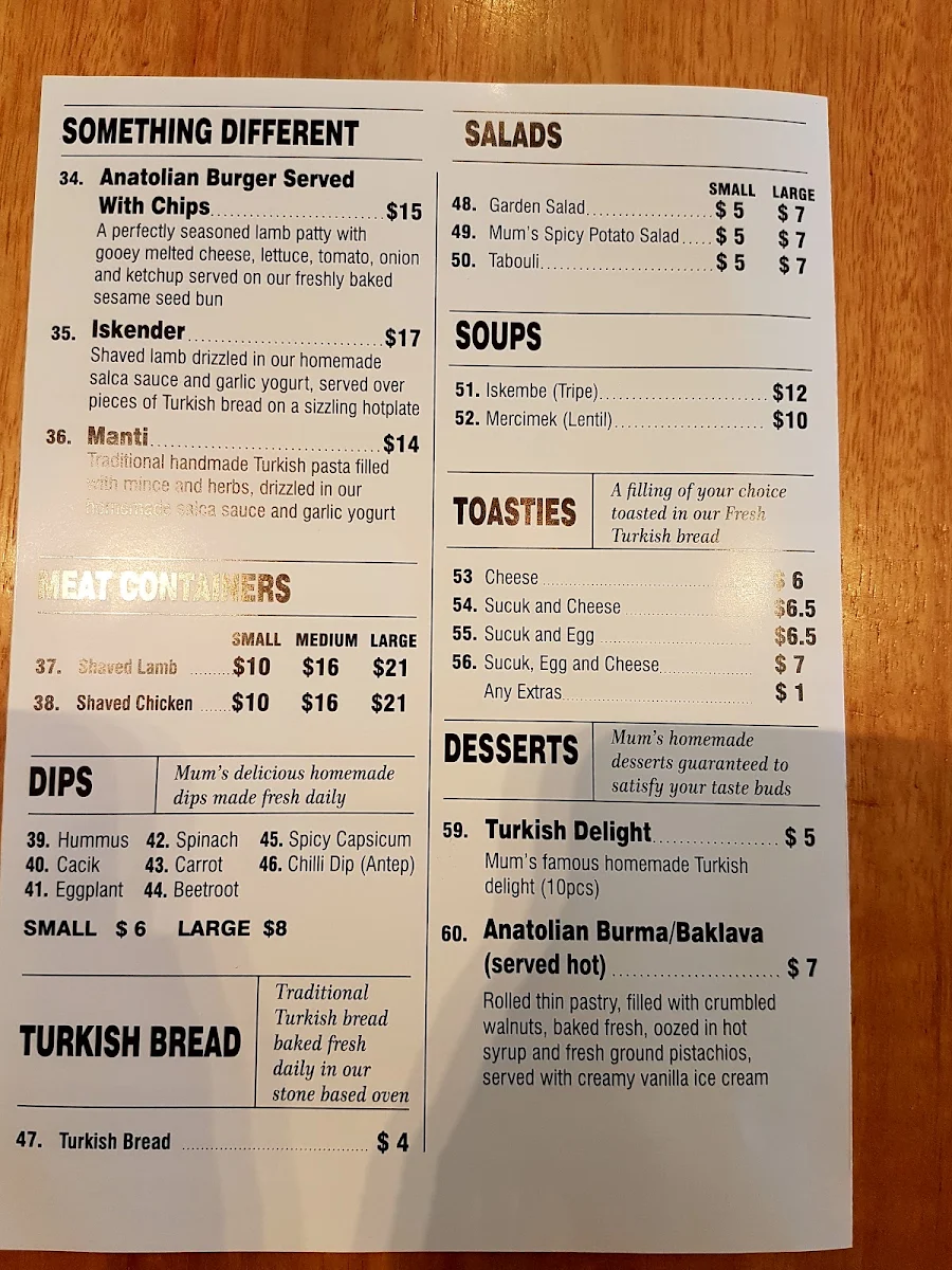Menu, Anatolian Grill