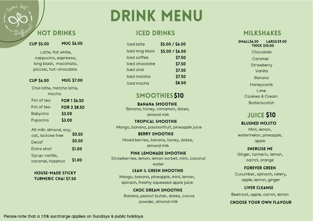 Menu, Same But Different Cafe