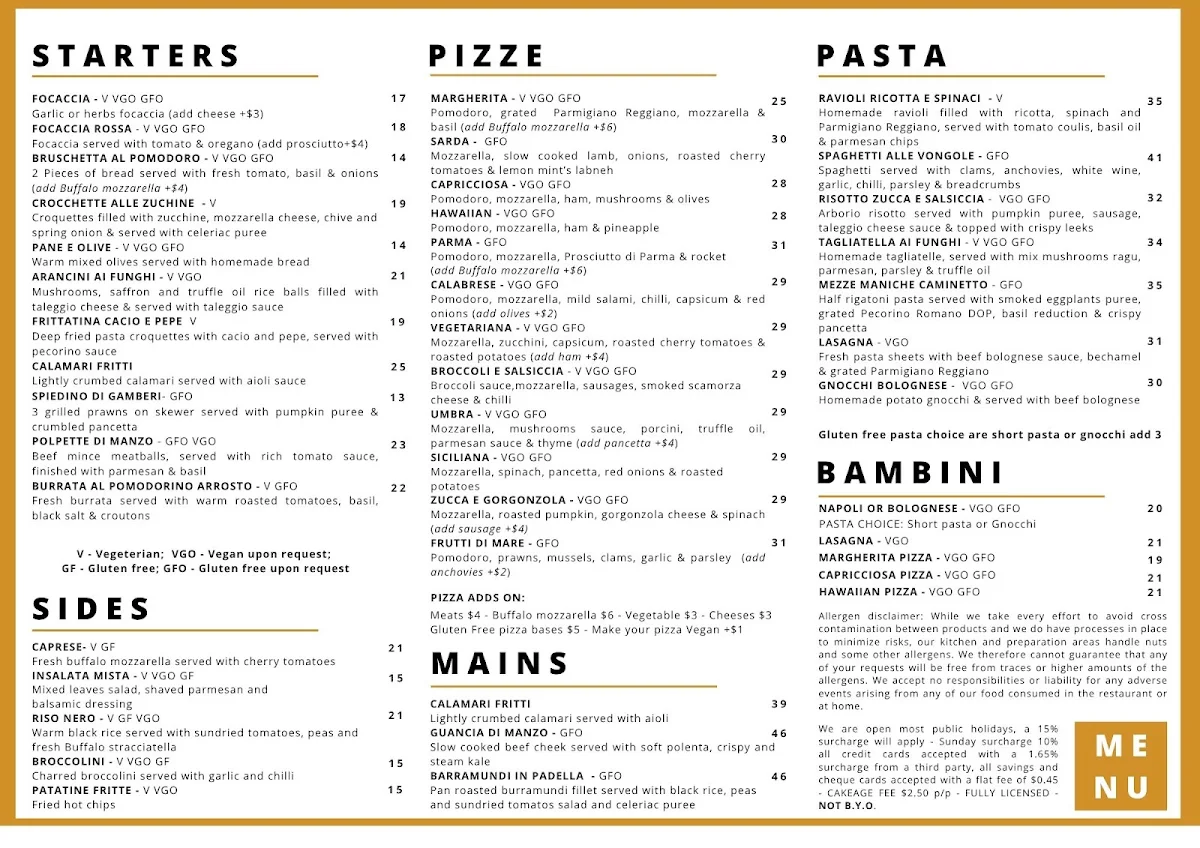 Menu, Il Caminetto - pasta bar & award winning pizza