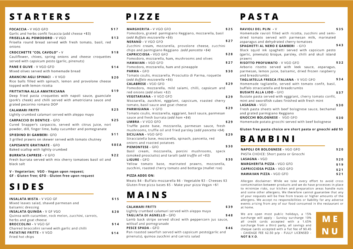 Menu, Il Caminetto - pasta bar & award winning pizza