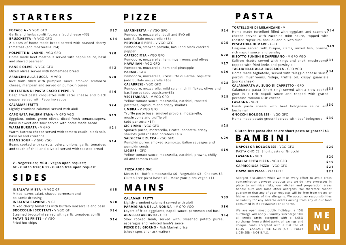 Menu, Il Caminetto - pasta bar & award winning pizza