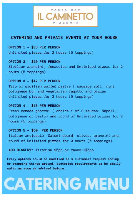 Menu, Il Caminetto - pasta bar & award winning pizza