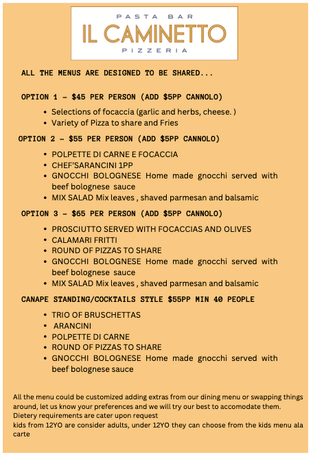 Menu, Il Caminetto - pasta bar & award winning pizza