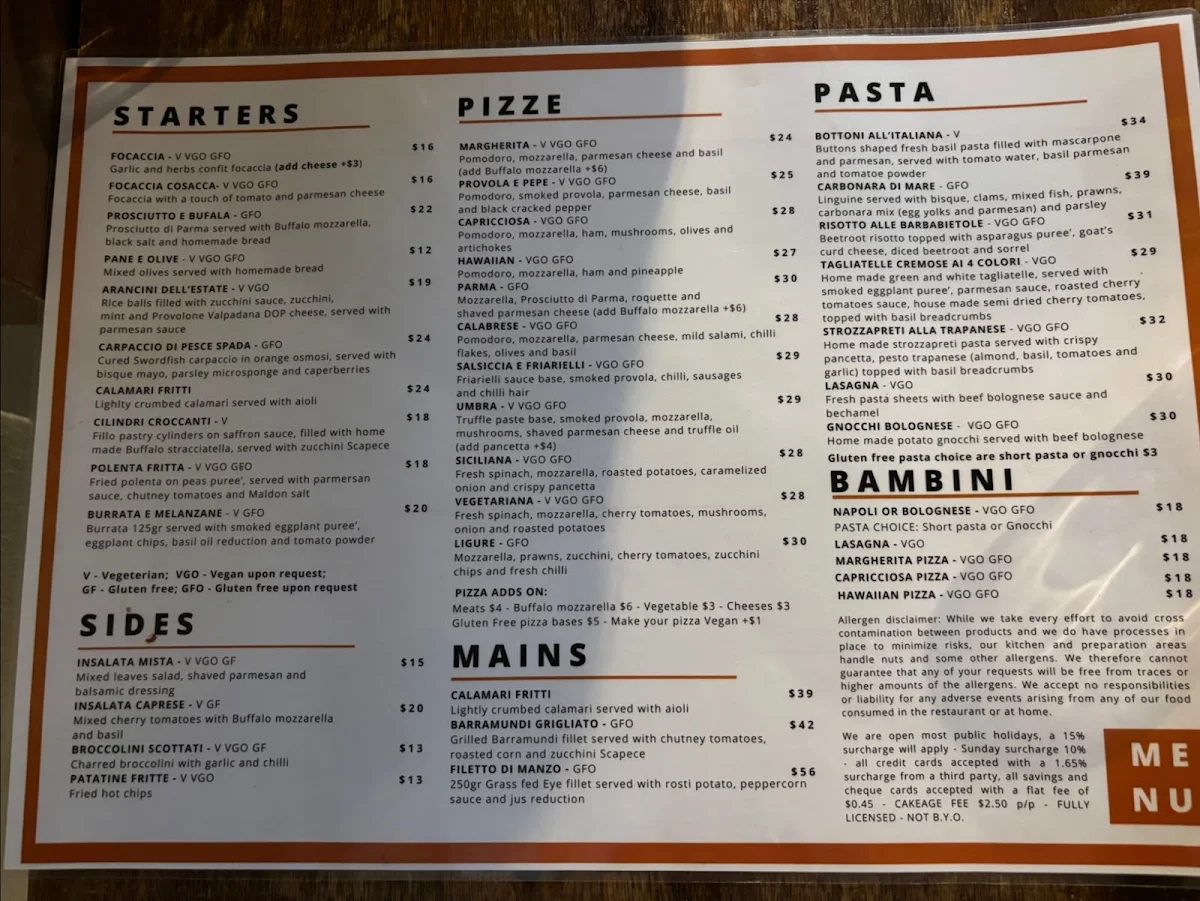Menu, Il Caminetto - pasta bar & award winning pizza