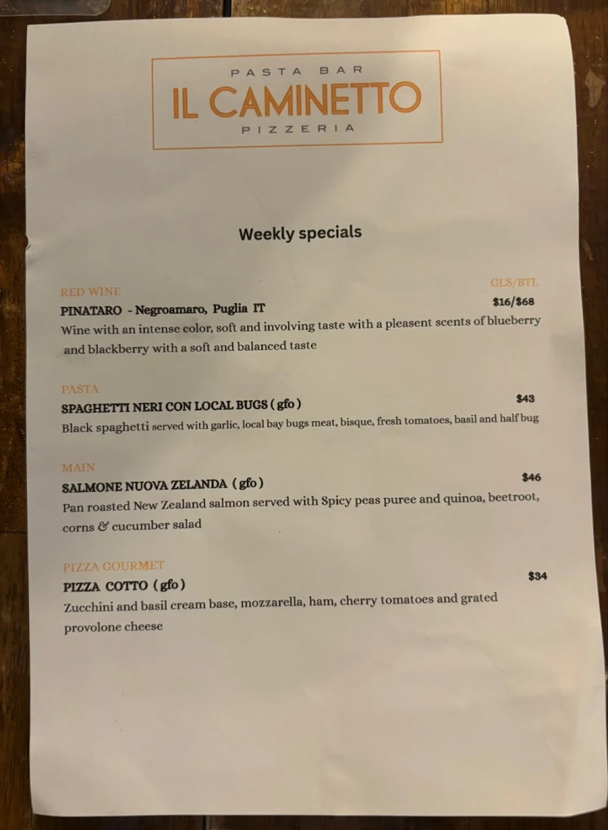 Menu, Il Caminetto - pasta bar & award winning pizza