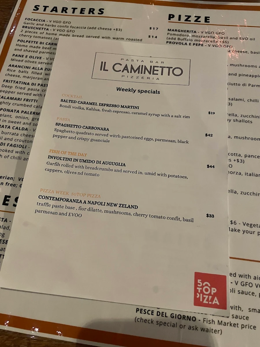 Menu, Il Caminetto - pasta bar & award winning pizza