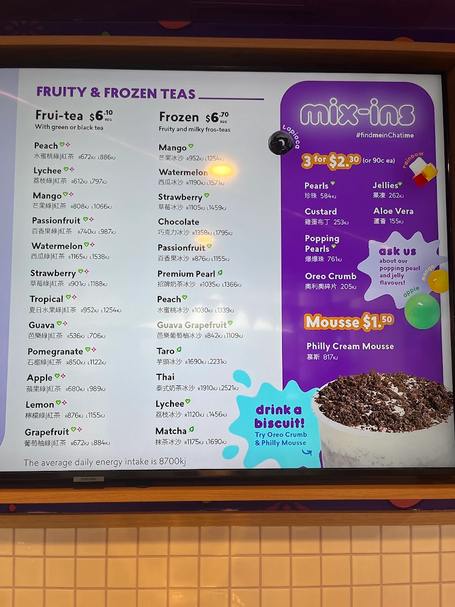 Menu, Chatime St Leonards