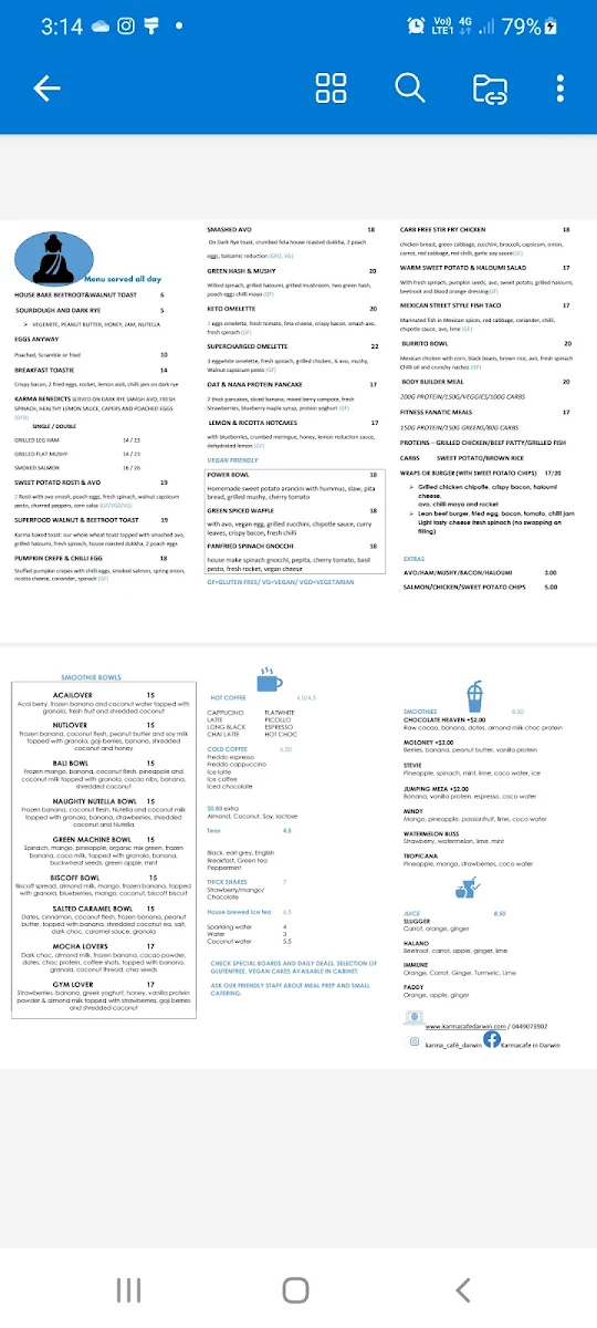 Menu, Karma Cafe