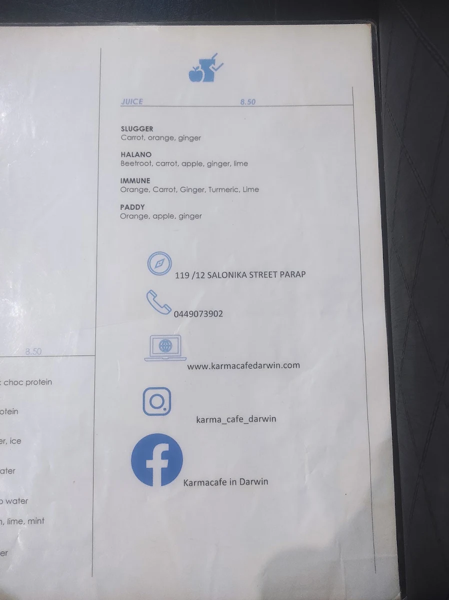 Menu, Karma Cafe