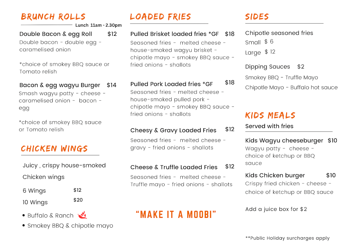 Menu, Moobi Burgers Berkeley Vale