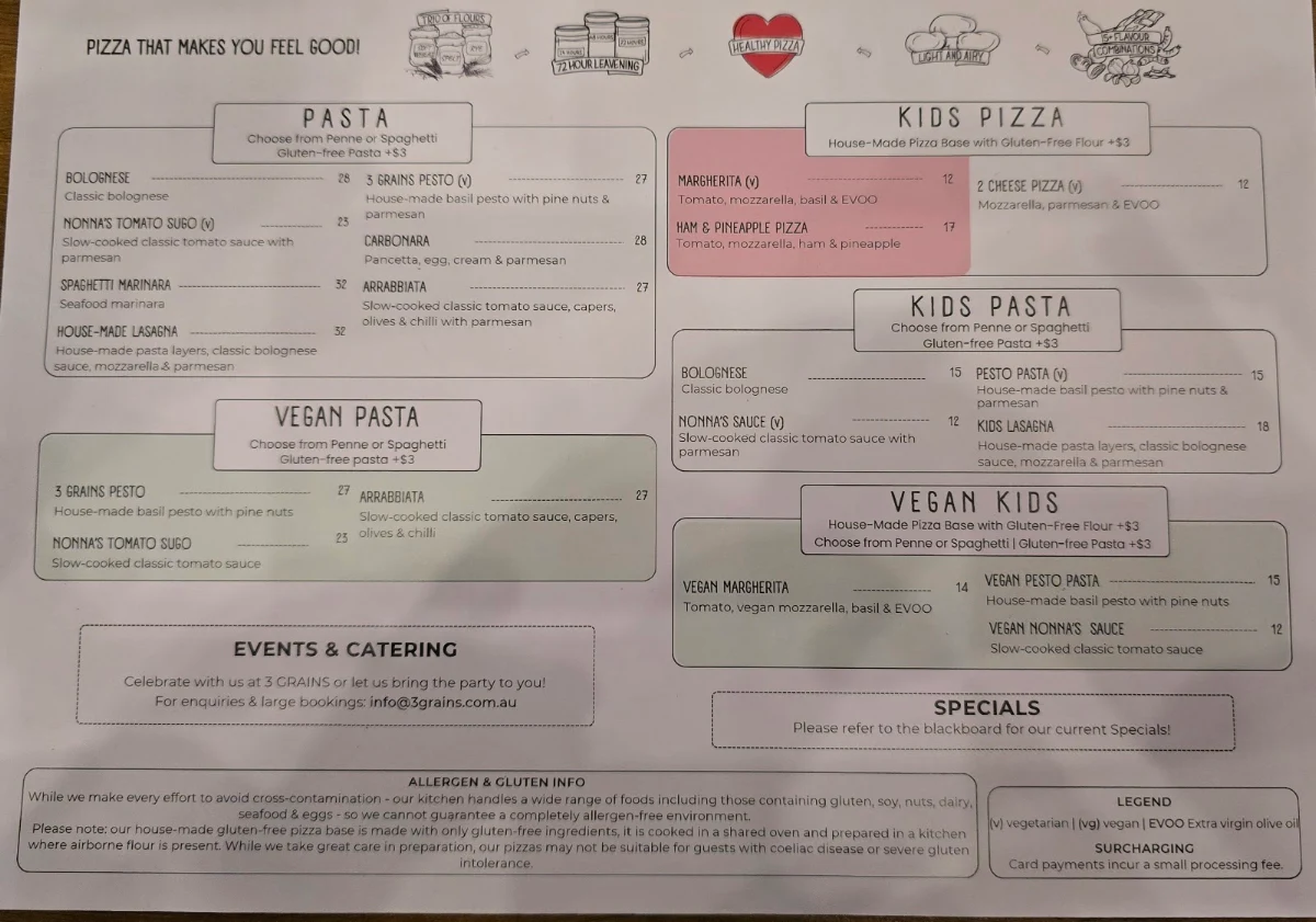 Menu, 3 GRAINS Pizza Yarraville