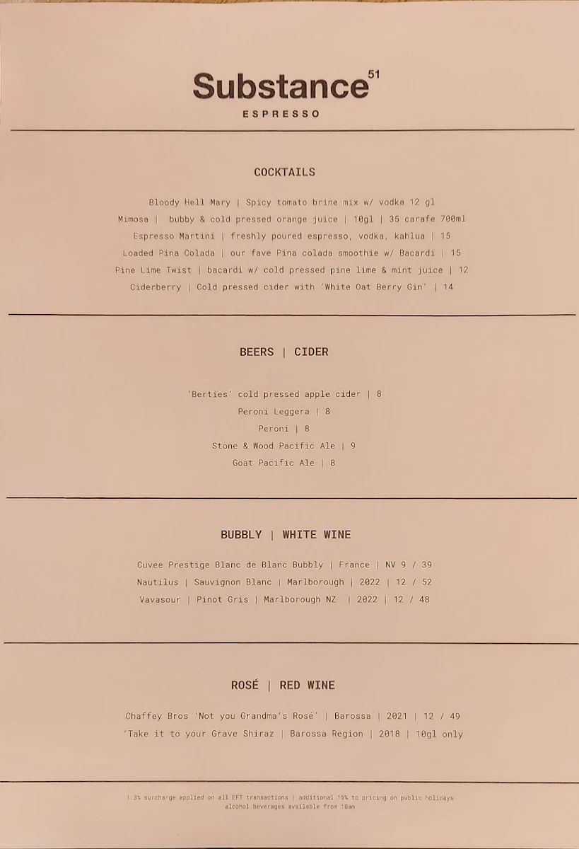 Menu, Substance Espresso
