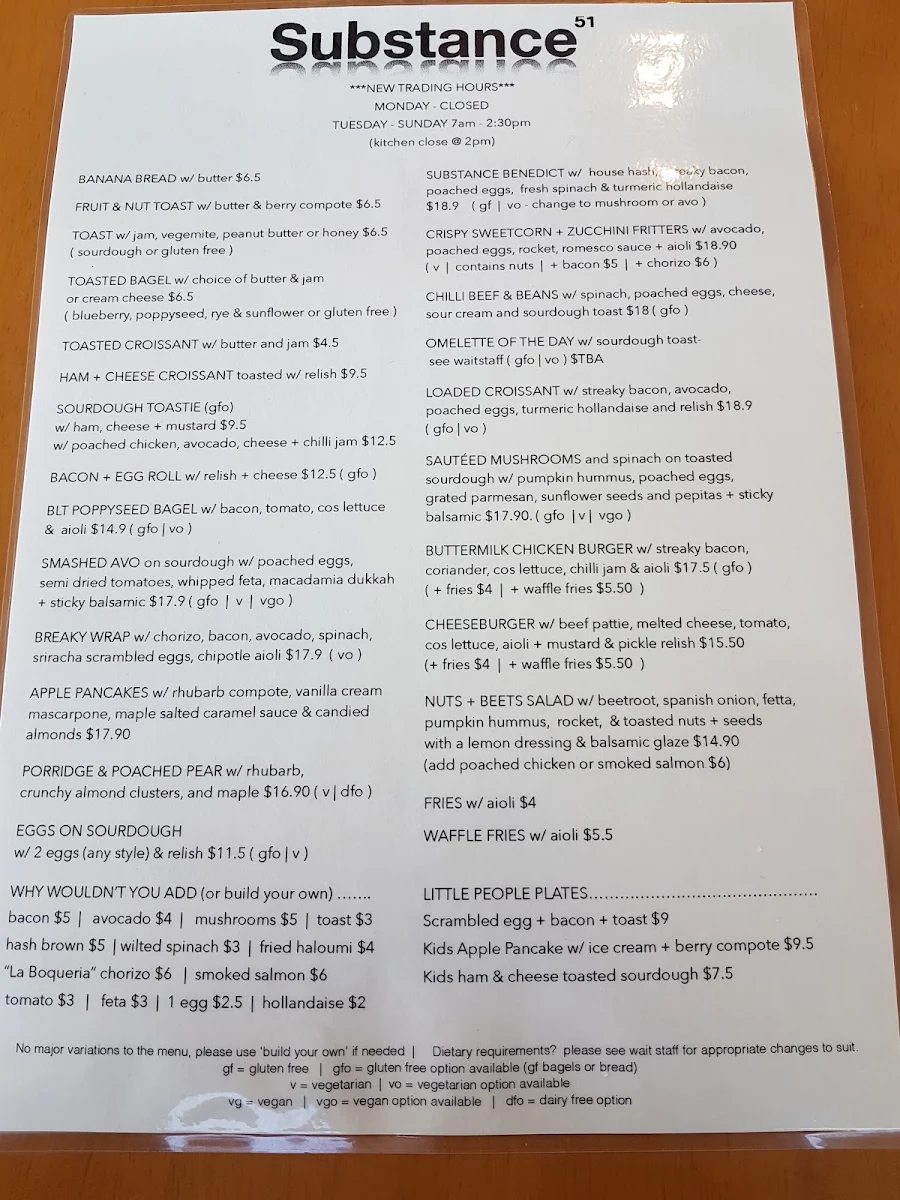 Menu, Substance Espresso