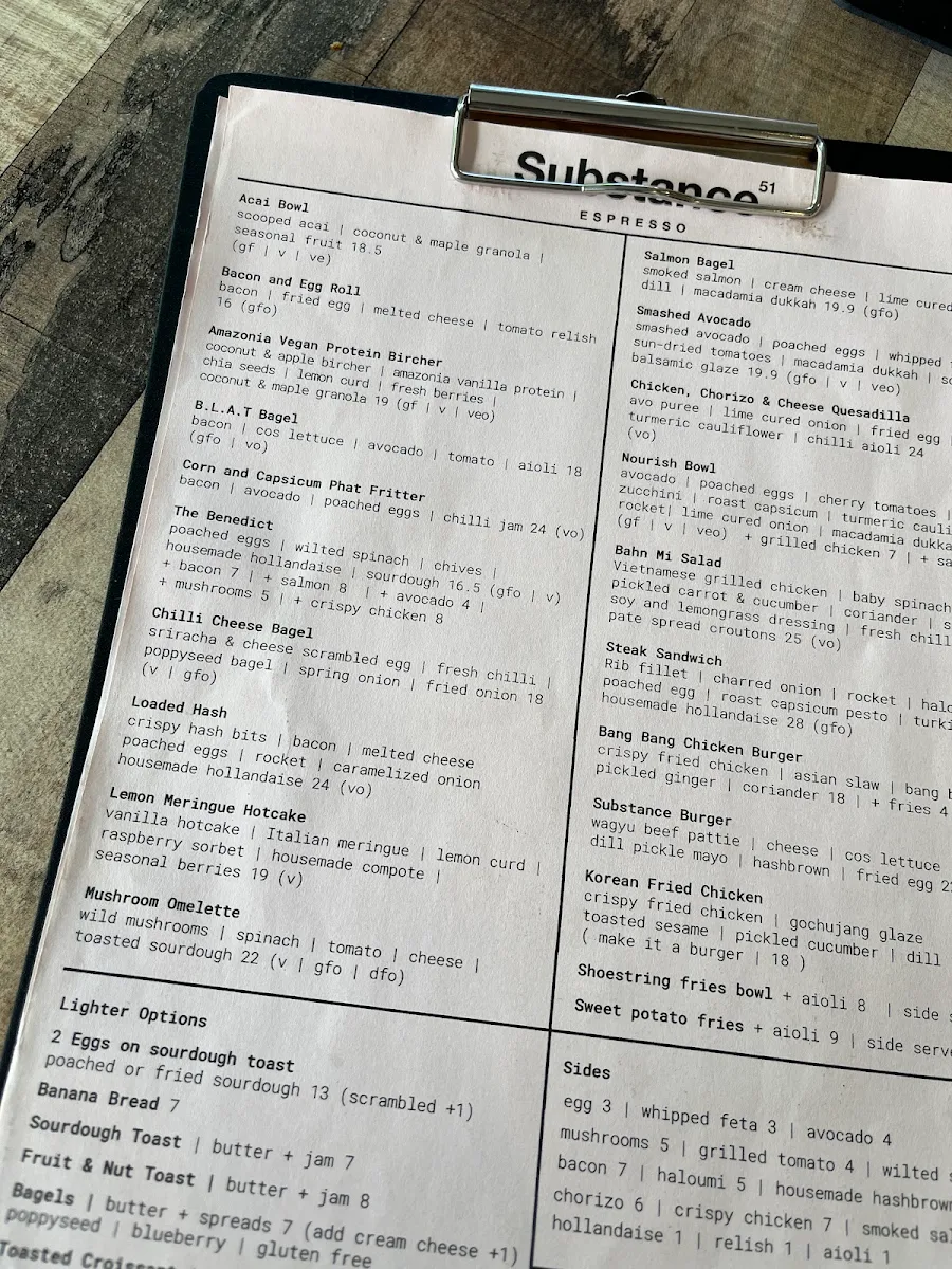 Menu, Substance Espresso