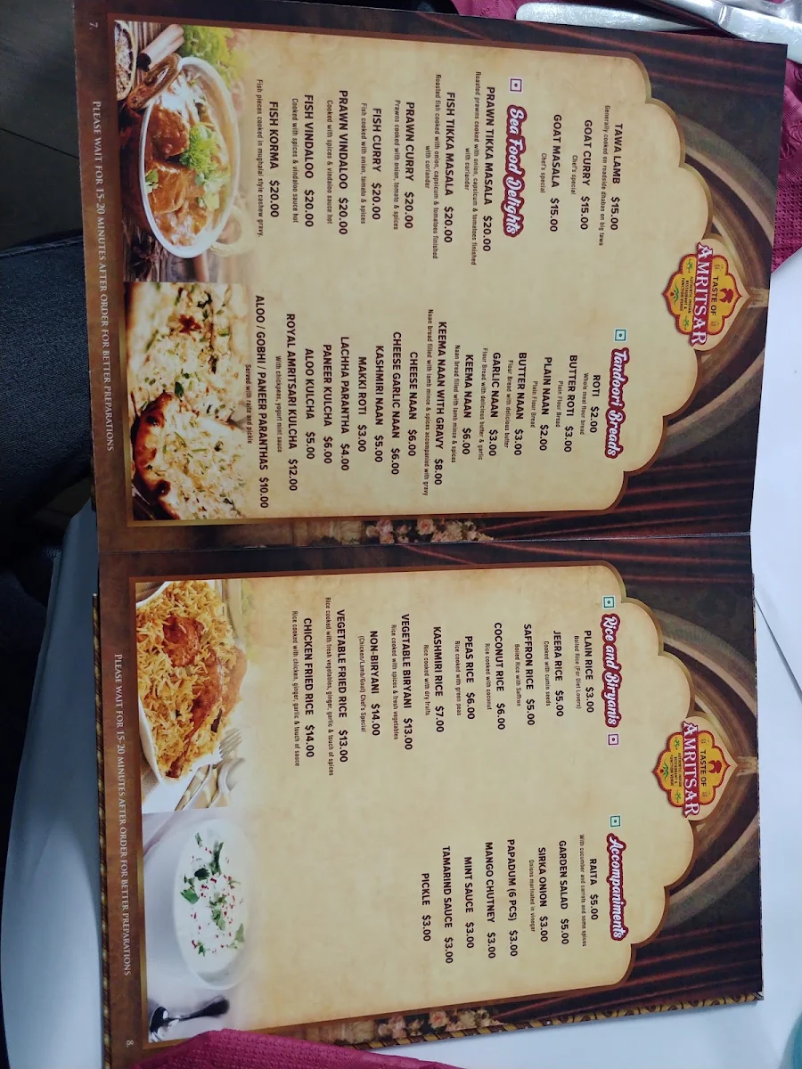 Menu, Taste of Amritsar