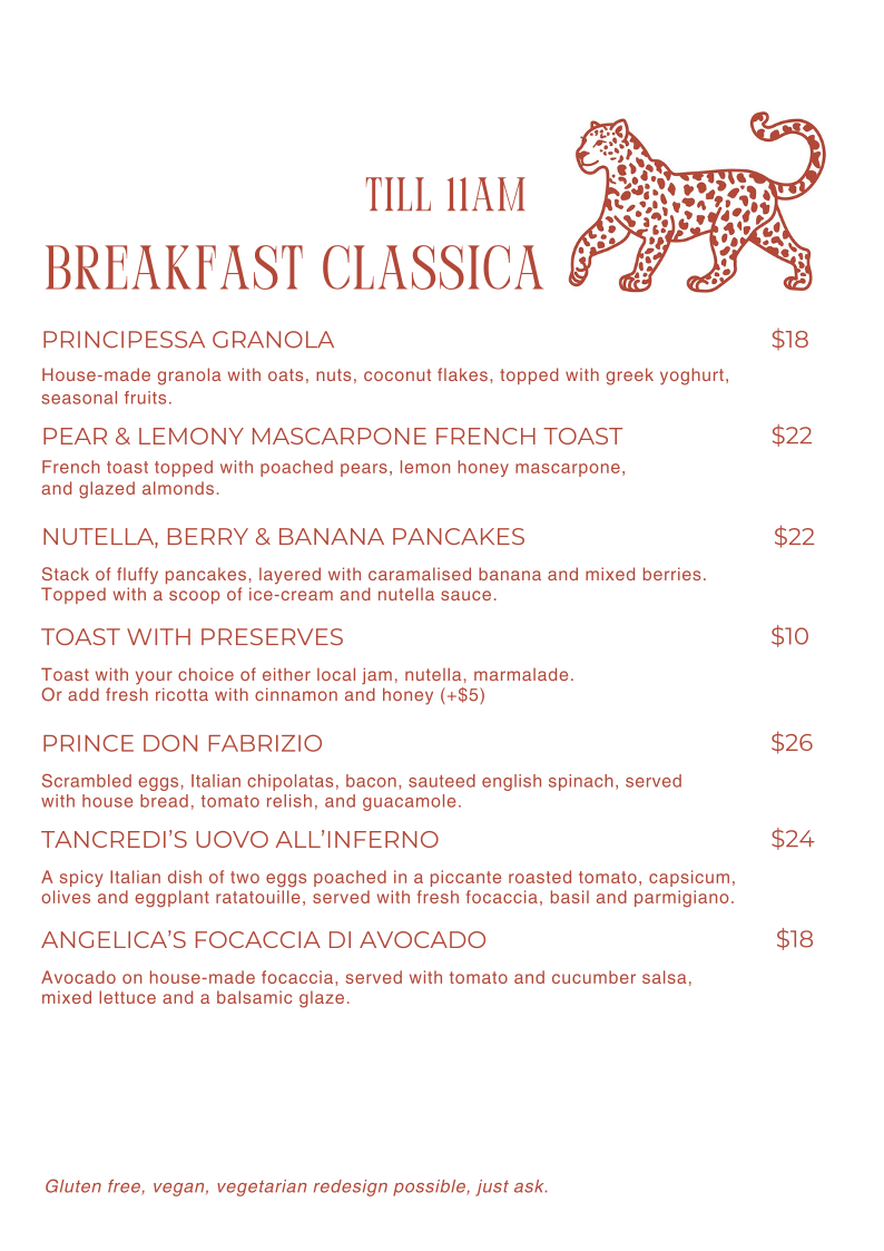 Menu, The Leopard Leura