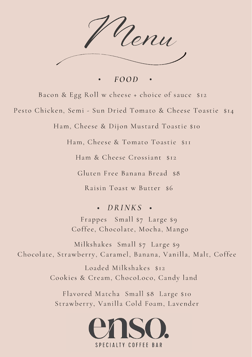 Menu, Enso Specialty Coffee Bar