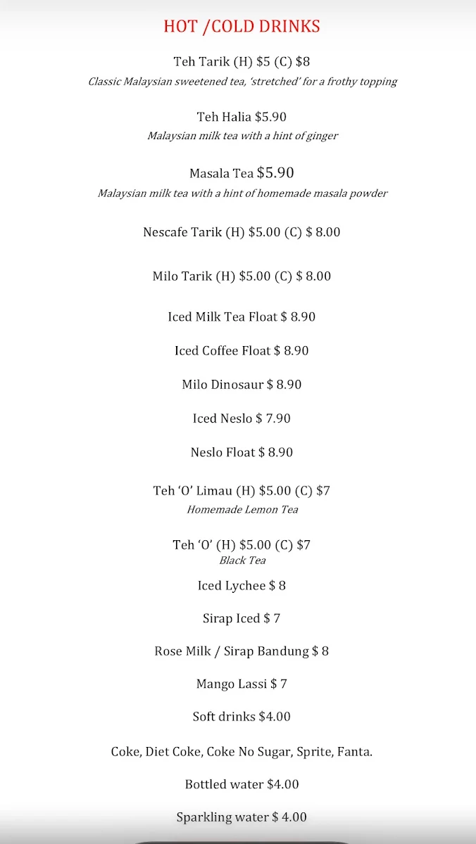 Menu, TEA STALL ( Original Malaysian Delights)