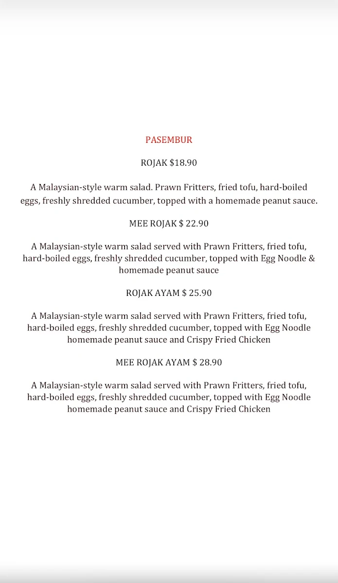 Menu, TEA STALL ( Original Malaysian Delights)