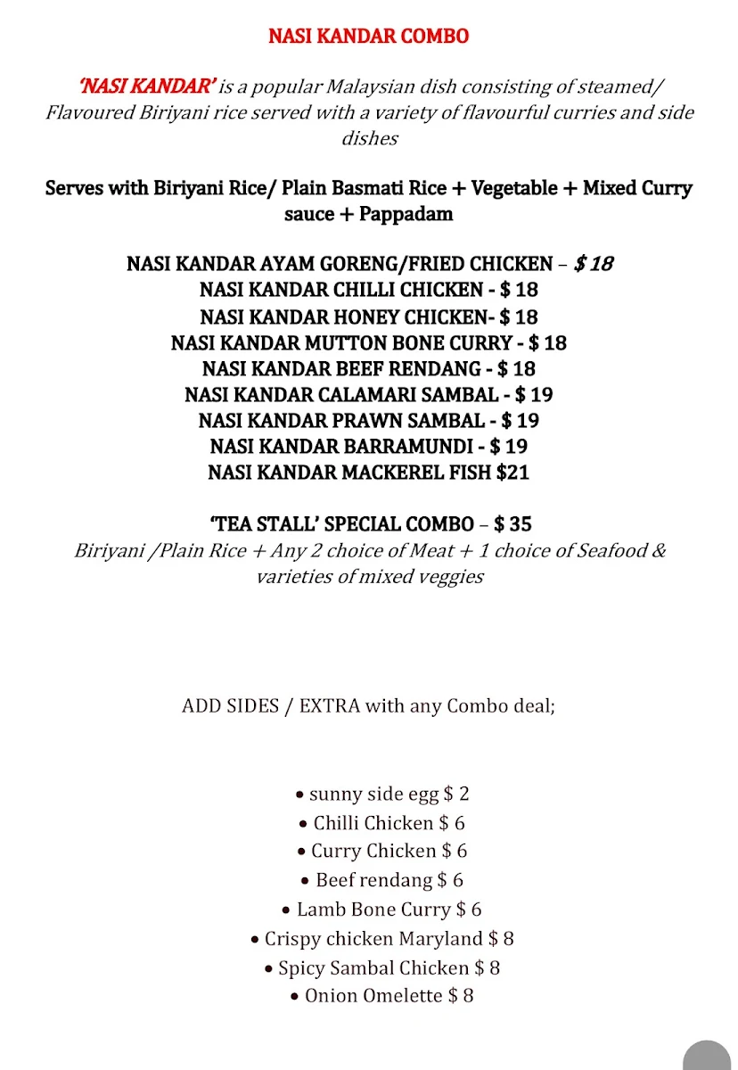 Menu, TEA STALL ( Original Malaysian Delights)