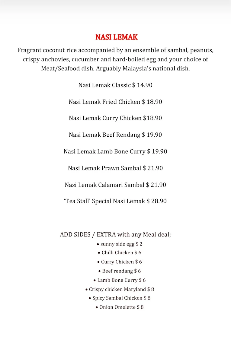 Menu, TEA STALL ( Original Malaysian Delights)