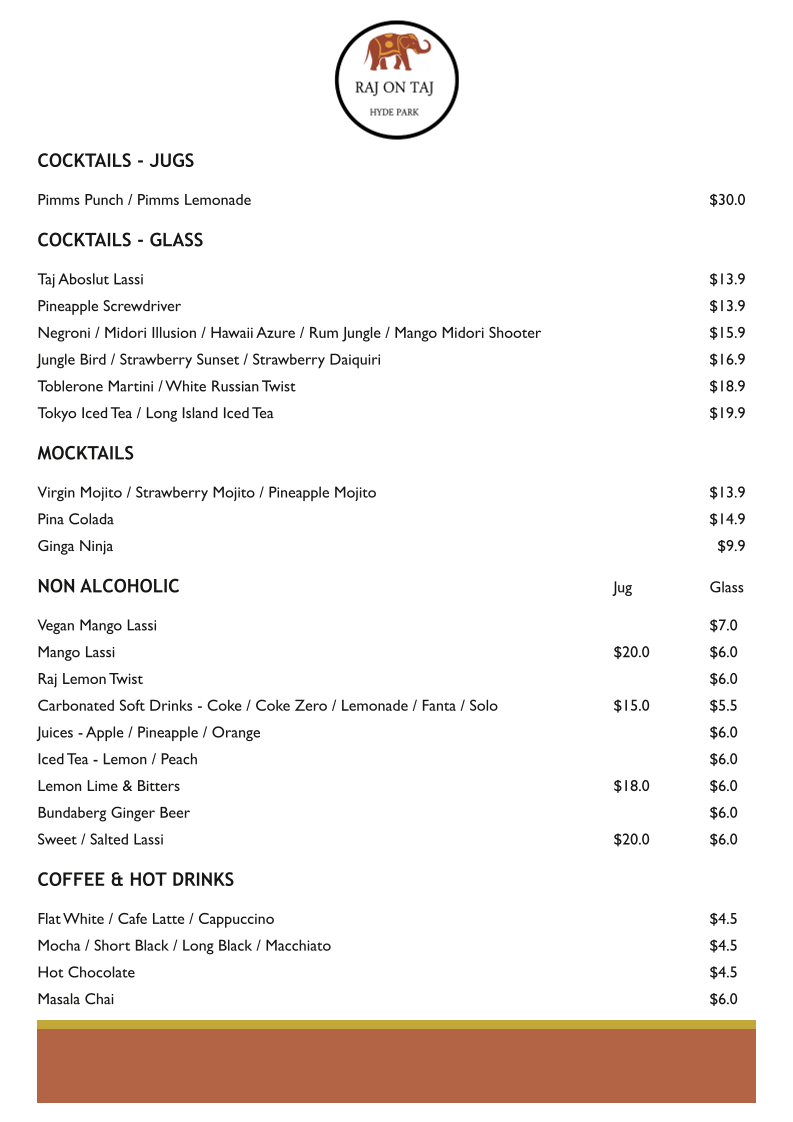 Menu, Raj on Taj Hyde Park