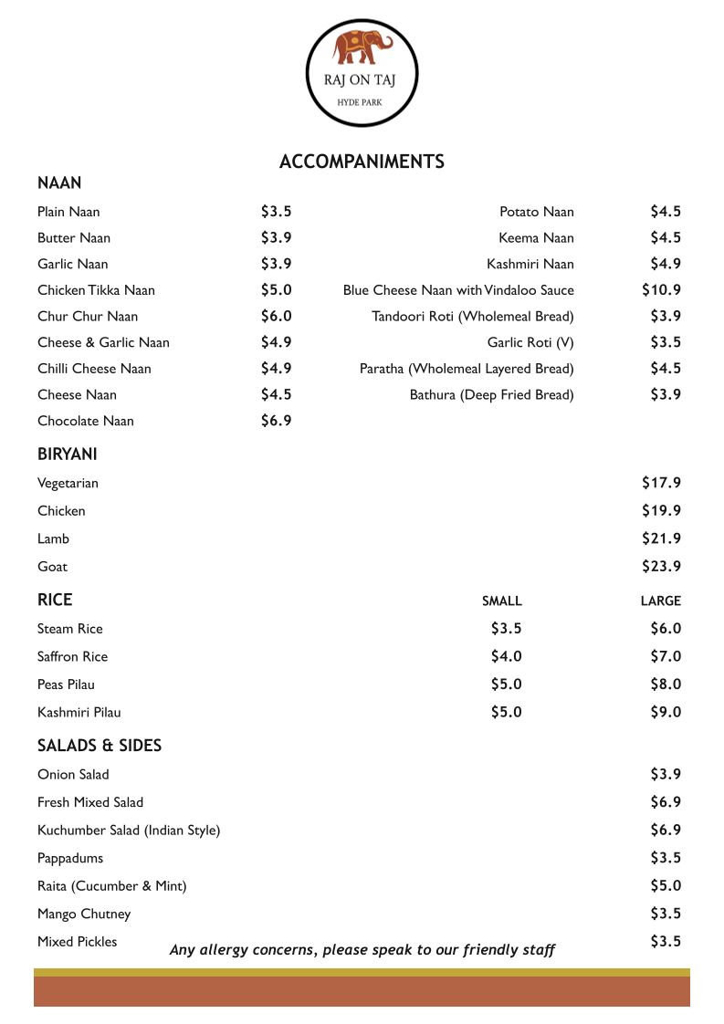 Menu, Raj on Taj Hyde Park