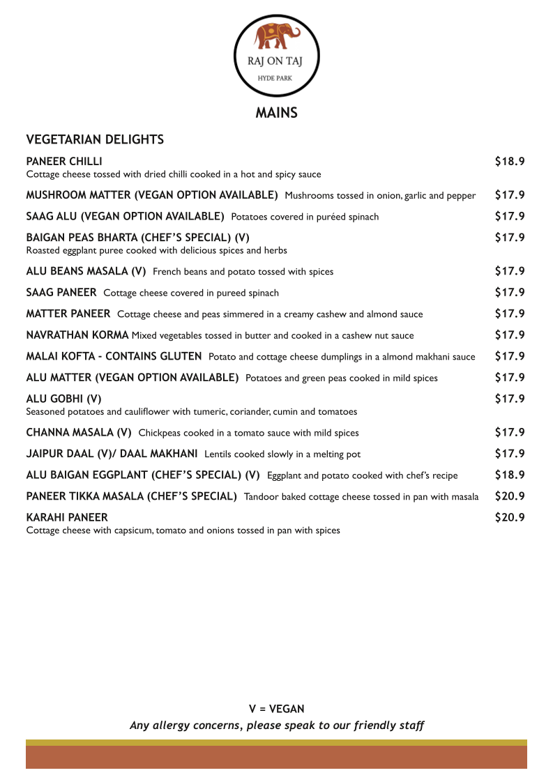 Menu, Raj on Taj Hyde Park