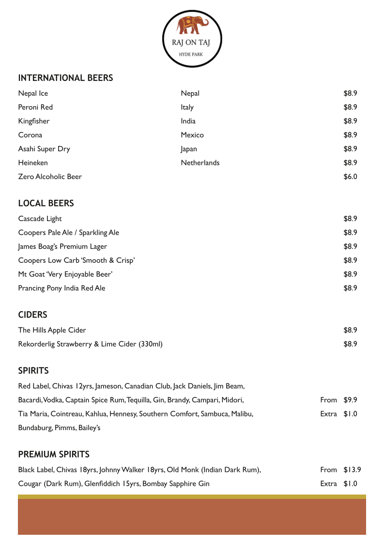 Menu, Raj on Taj Hyde Park