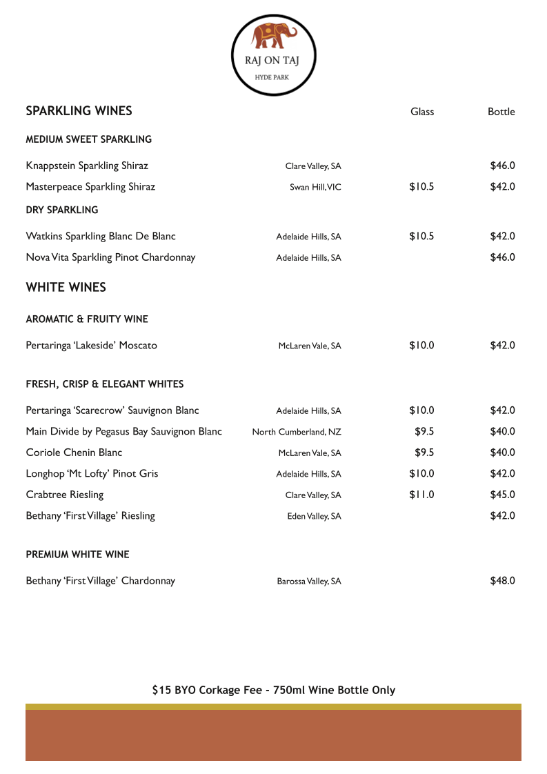 Menu, Raj on Taj Hyde Park