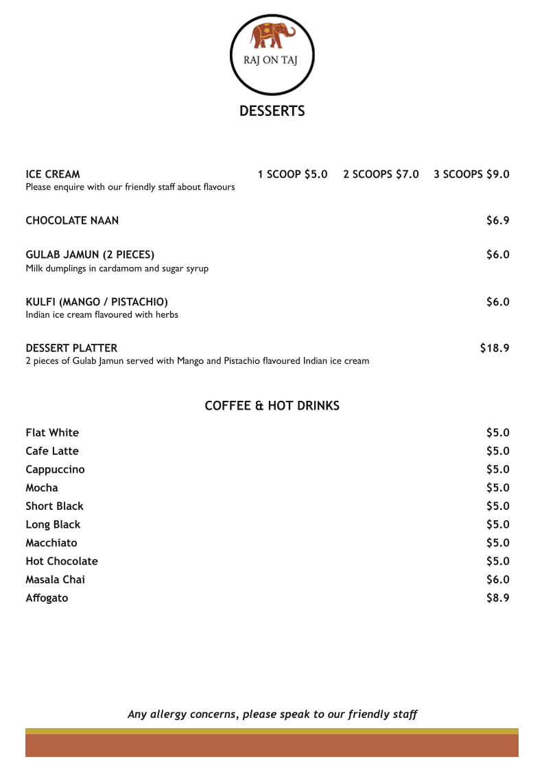 Menu, Raj on Taj Hyde Park