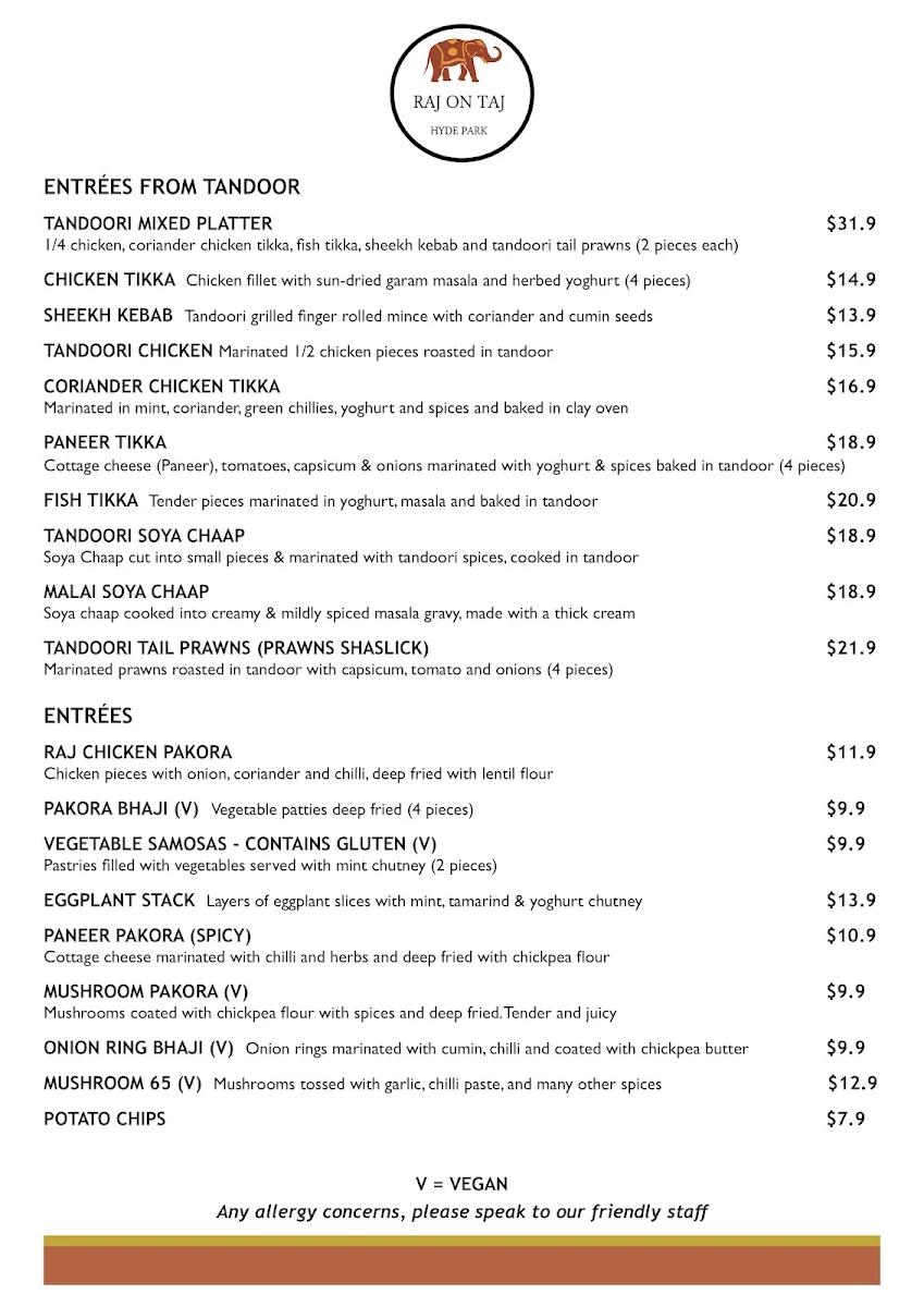 Menu, Raj on Taj Hyde Park