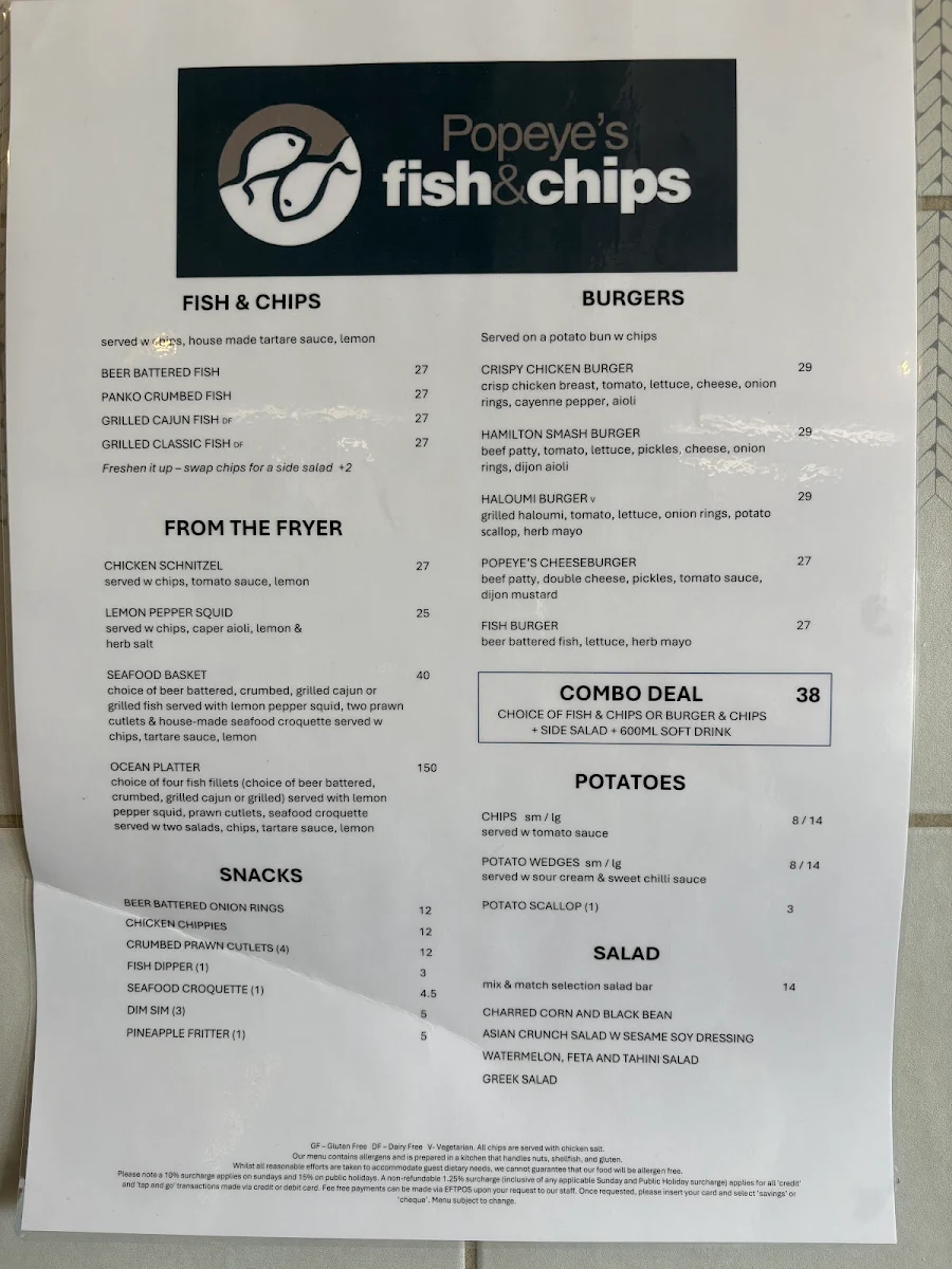 Menu, Popeye's Fish and Chips Takeaway