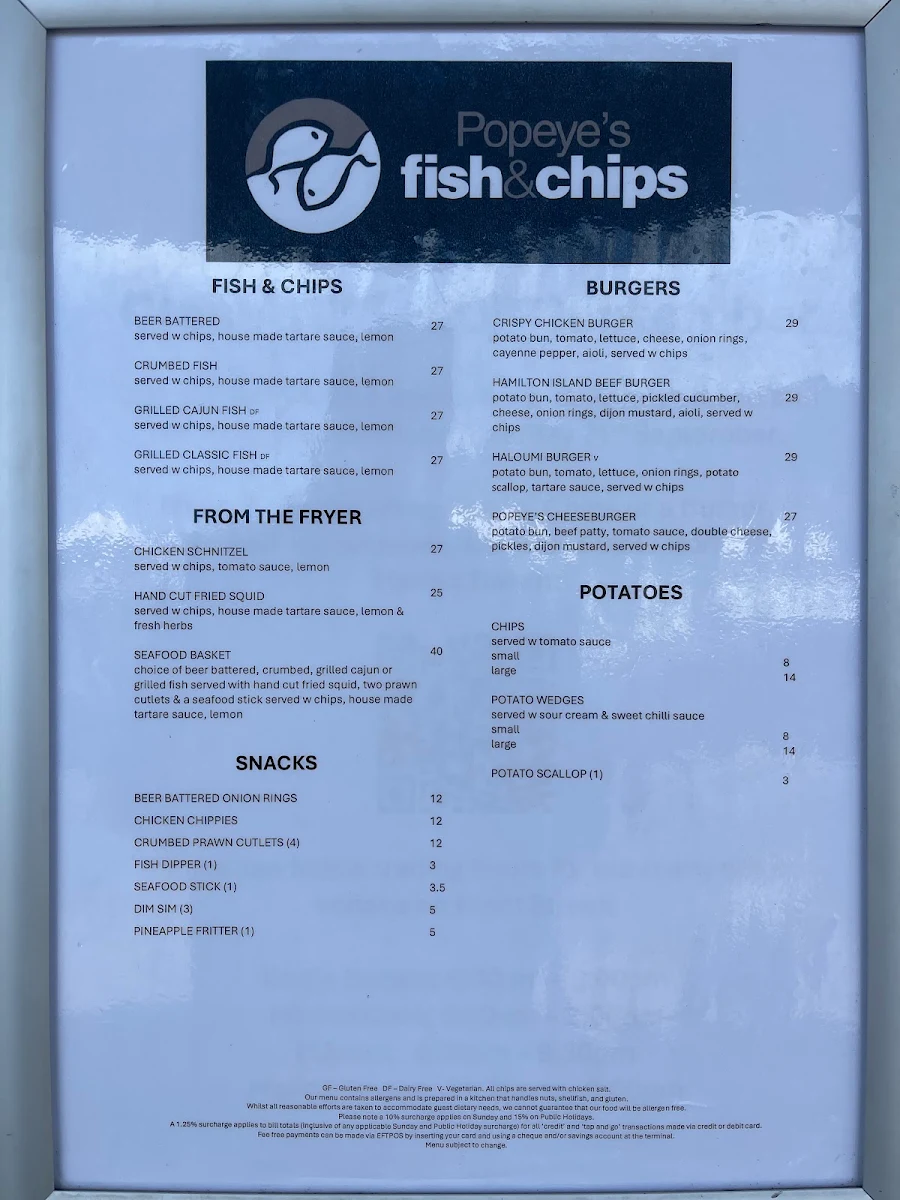 Menu, Popeye's Fish and Chips Takeaway