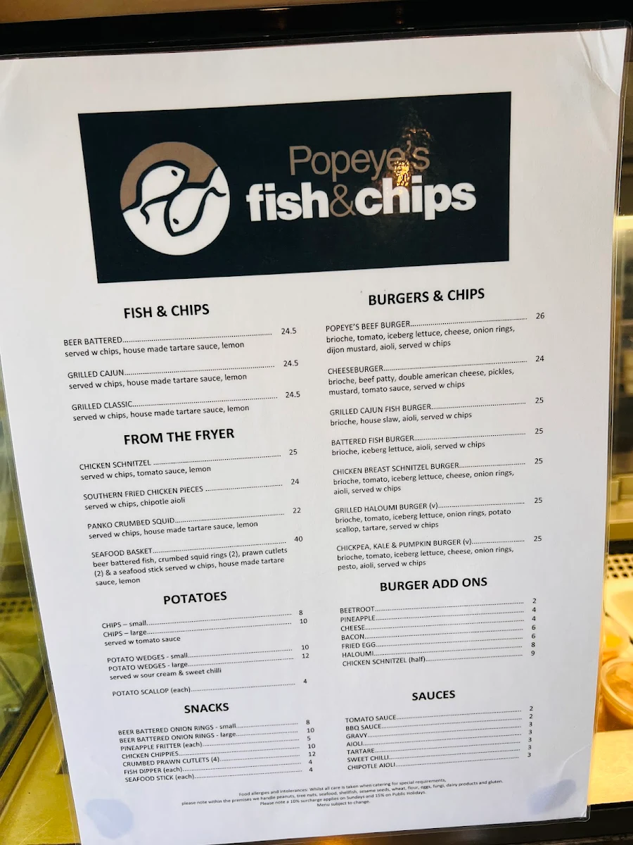 Menu, Popeye's Fish and Chips Takeaway