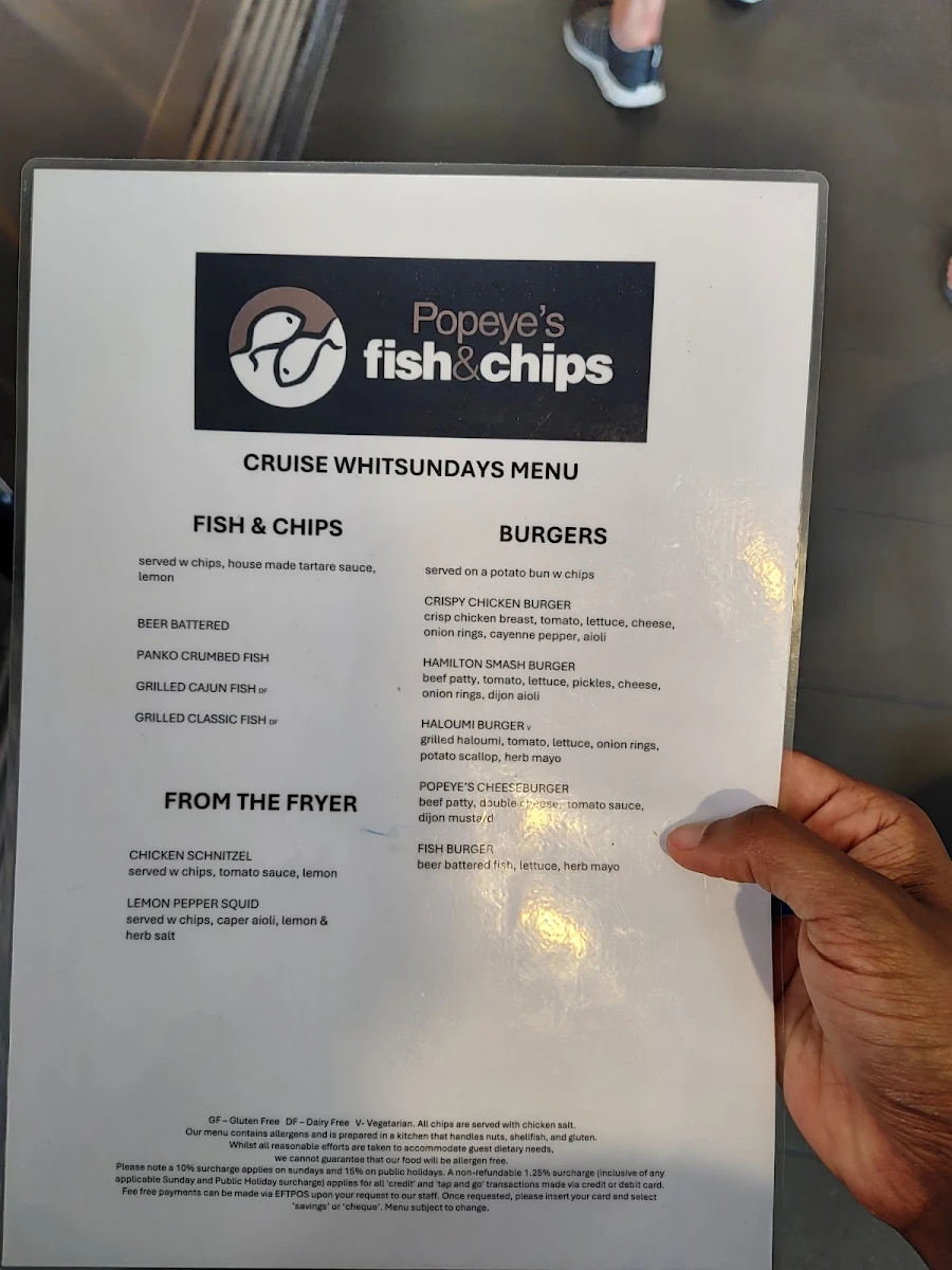 Menu, Popeye's Fish and Chips Takeaway