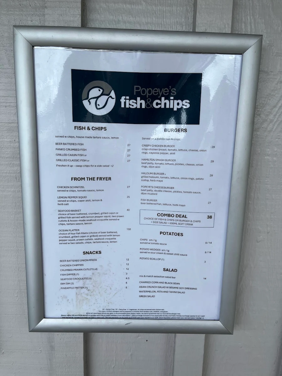 Menu, Popeye's Fish and Chips Takeaway