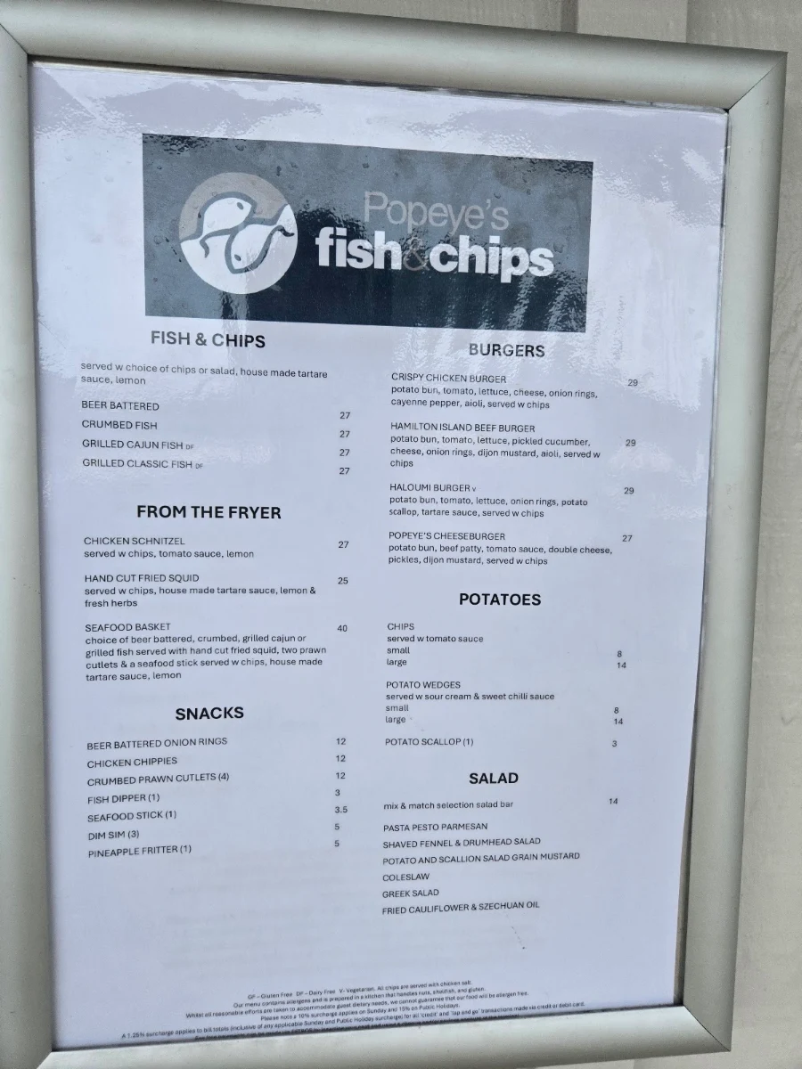 Menu, Popeye's Fish and Chips Takeaway