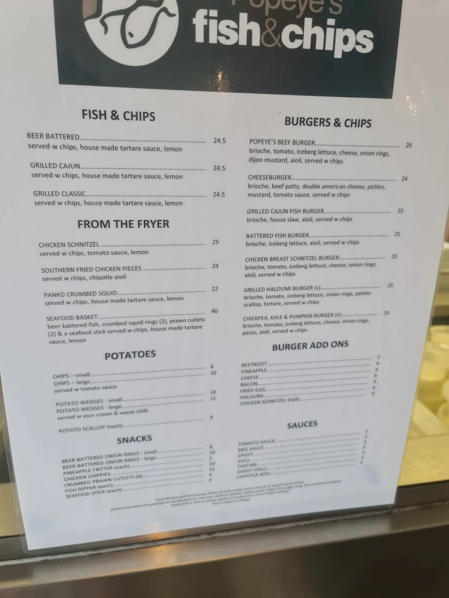 Menu, Popeye's Fish and Chips Takeaway