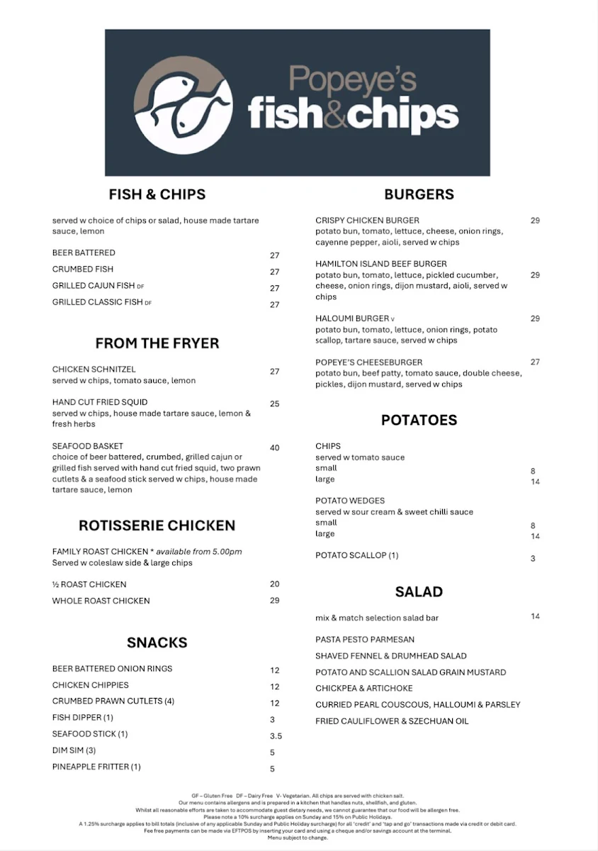 Menu, Popeye's Fish and Chips Takeaway