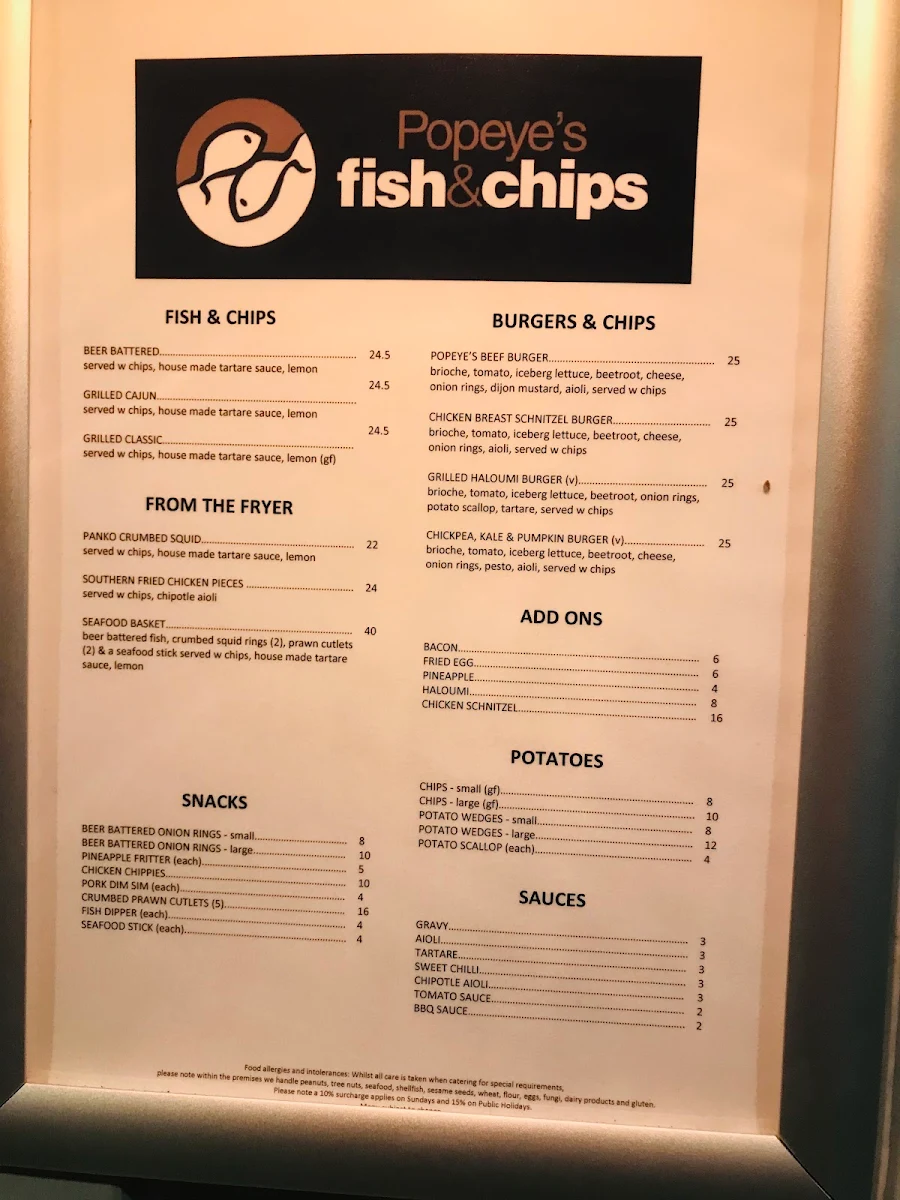 Menu, Popeye's Fish and Chips Takeaway