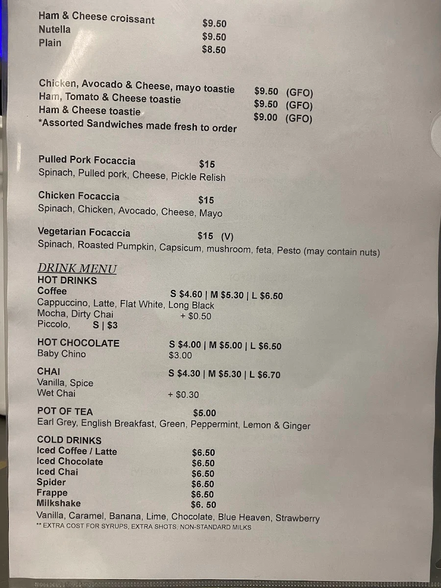 Menu, Le Cafe Leongatha