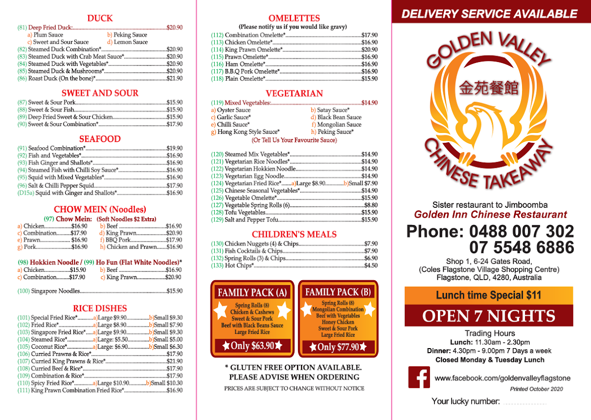 Menu, Golden Valley Chinese Takeaway