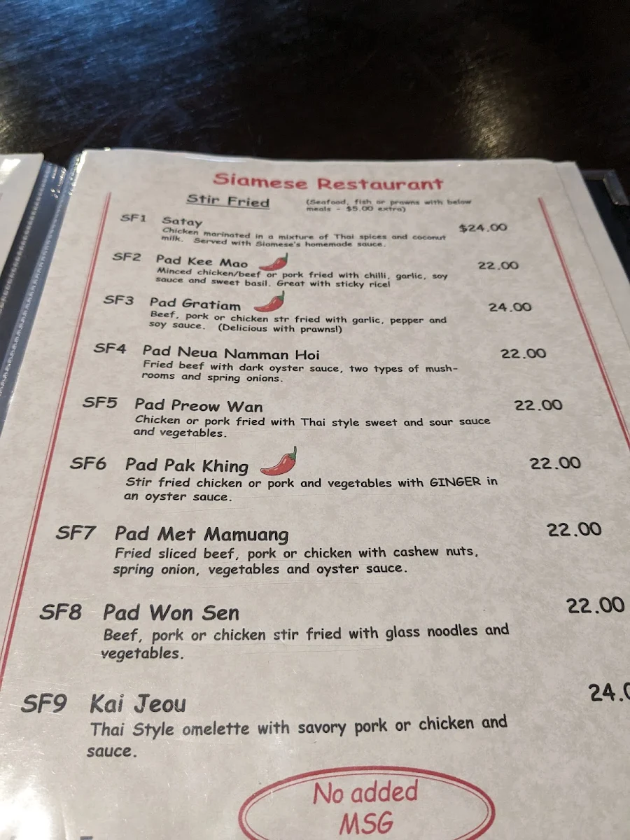 Menu, Siamese Authentic Thai Restaurant