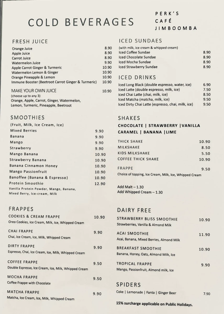 Menu, Perks Cafe