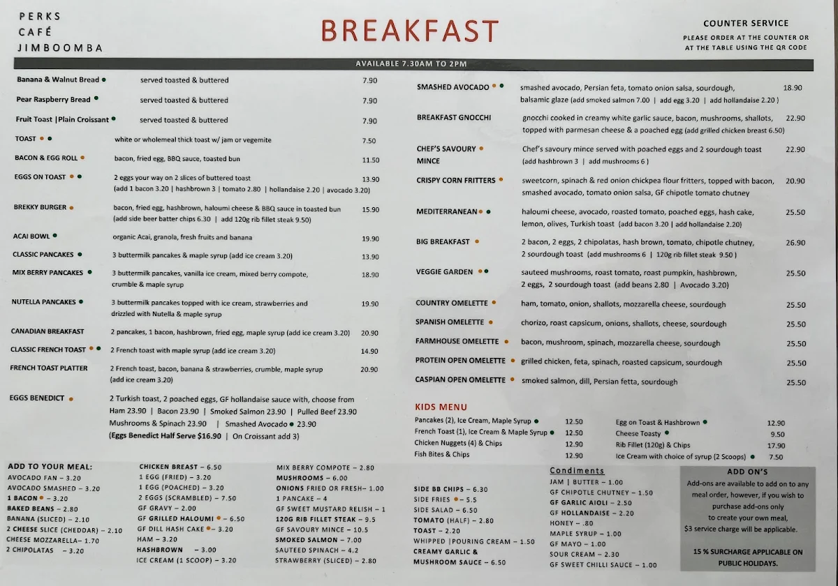 Menu, Perks Cafe