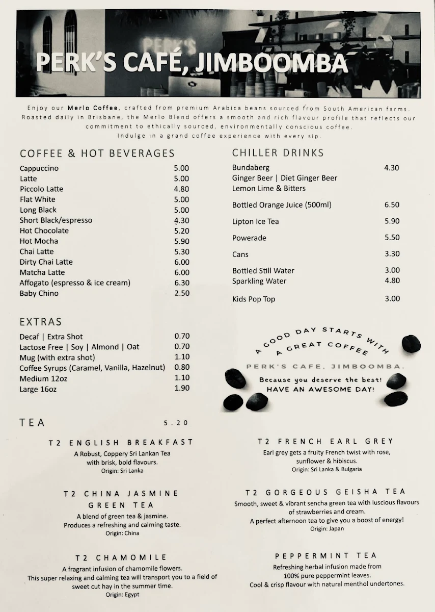 Menu, Perks Cafe